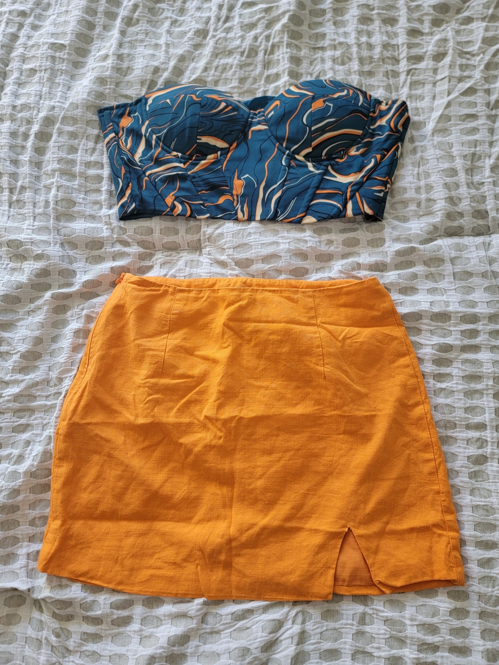 Get the Outfit --- Orange Mini Skirt with Front Notch and 2 Corset Top